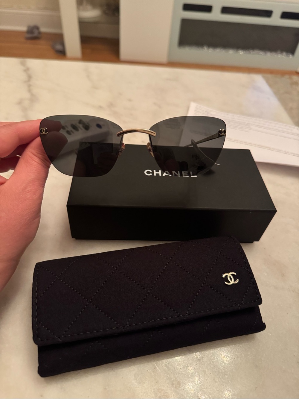 CHANEL Black Rimless Cat-Eye Sunglasses with Gold Accents - Picture 11 of 12
